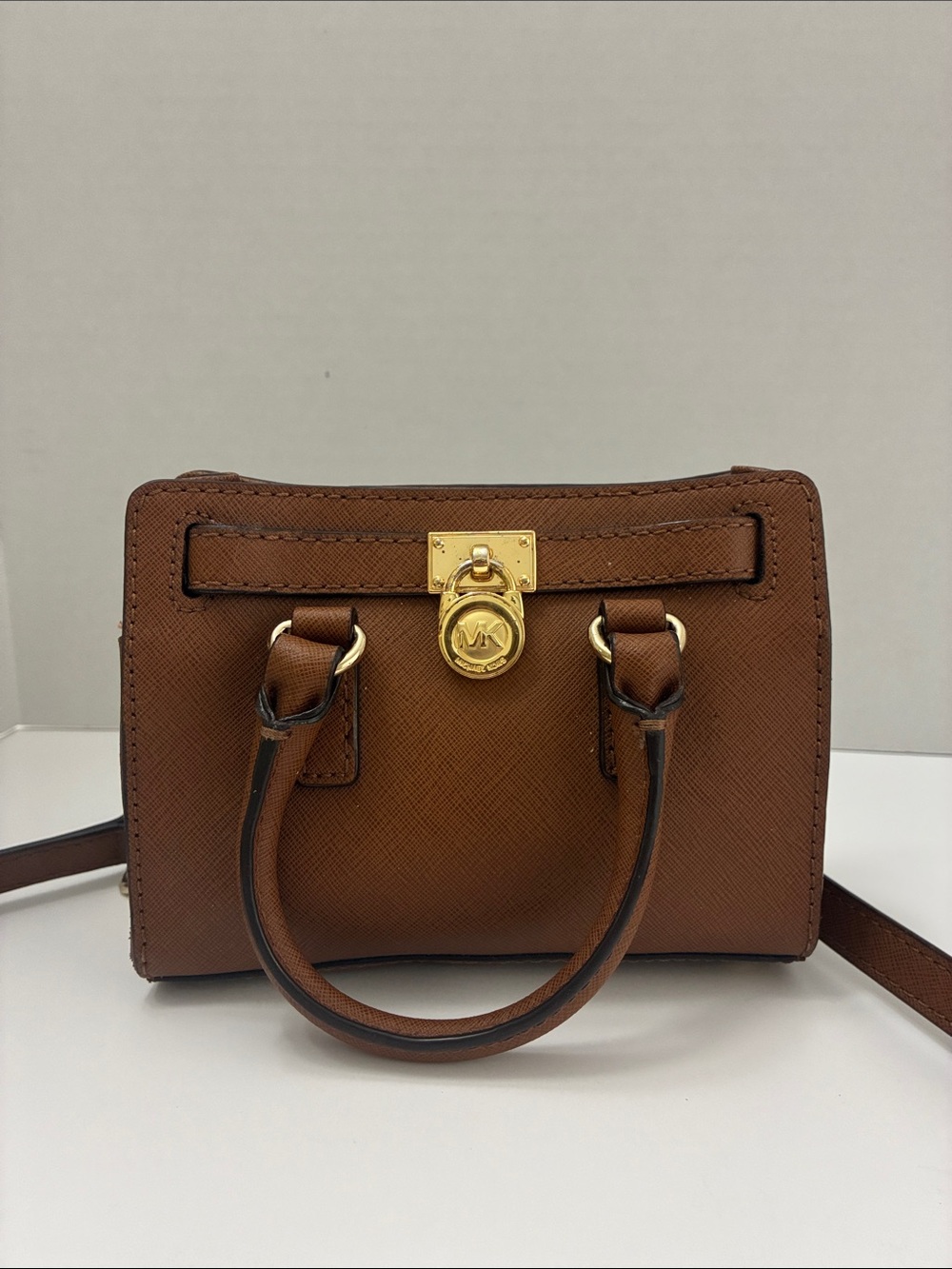 Michael Kors Brown Mini Saffiano Satchel with Gold Hardware